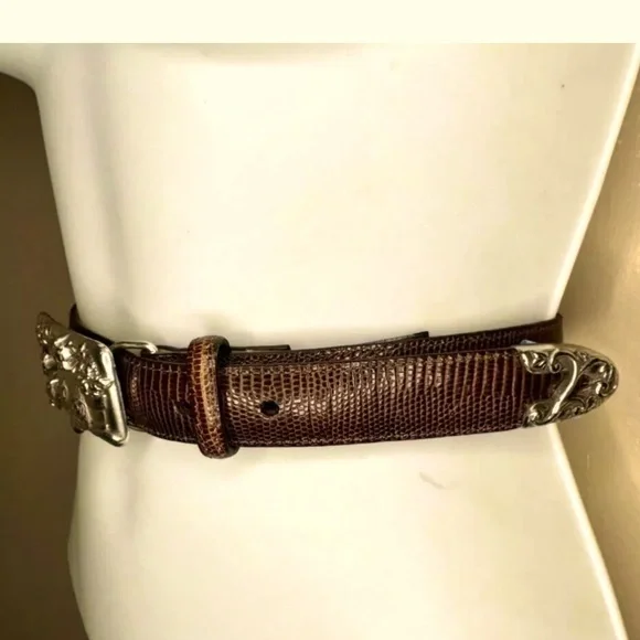 🐈⬛BRIGHTON🐈⬛ LEATHER SNAKE EMBOSSED TEXTURE CATS & FLOWERPOT BUCKLE VTG BELT🐈 - Picture 6 of 13